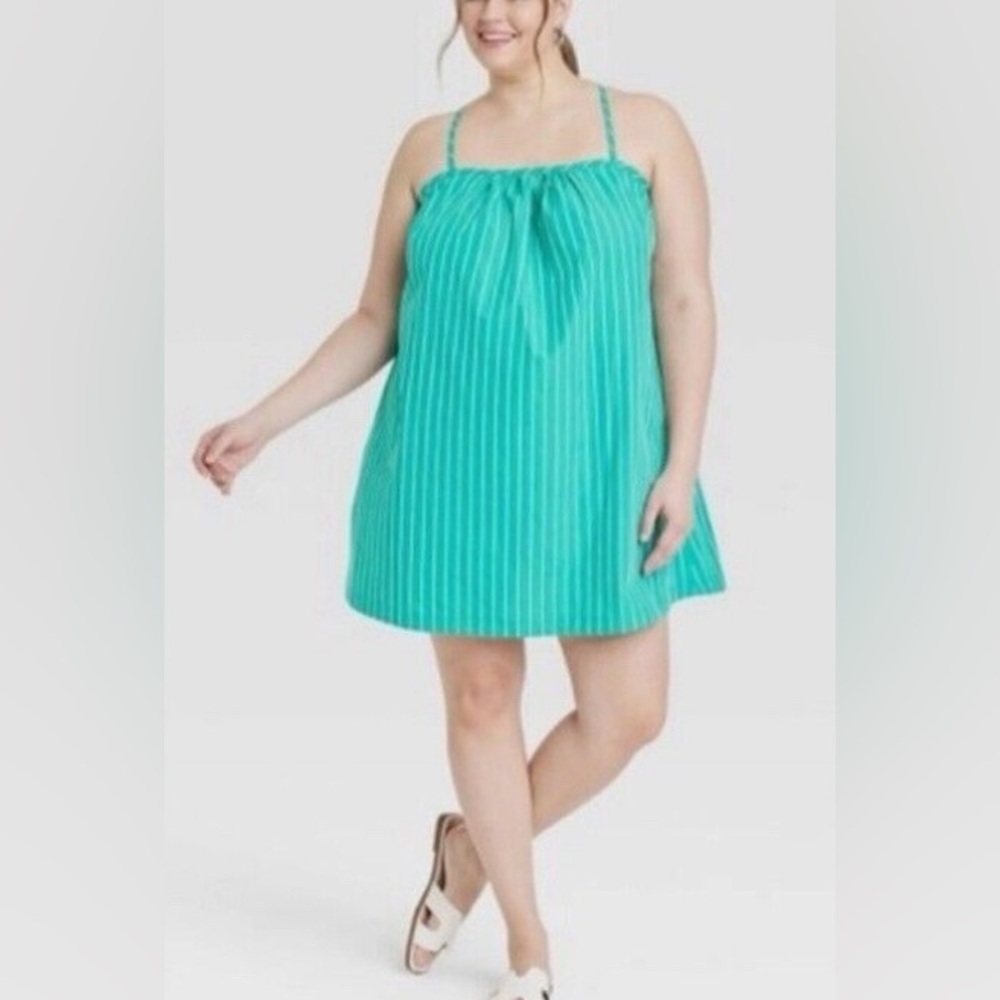 NWT A New Day Green/White Striped Sleeveless Mini Shift Dress